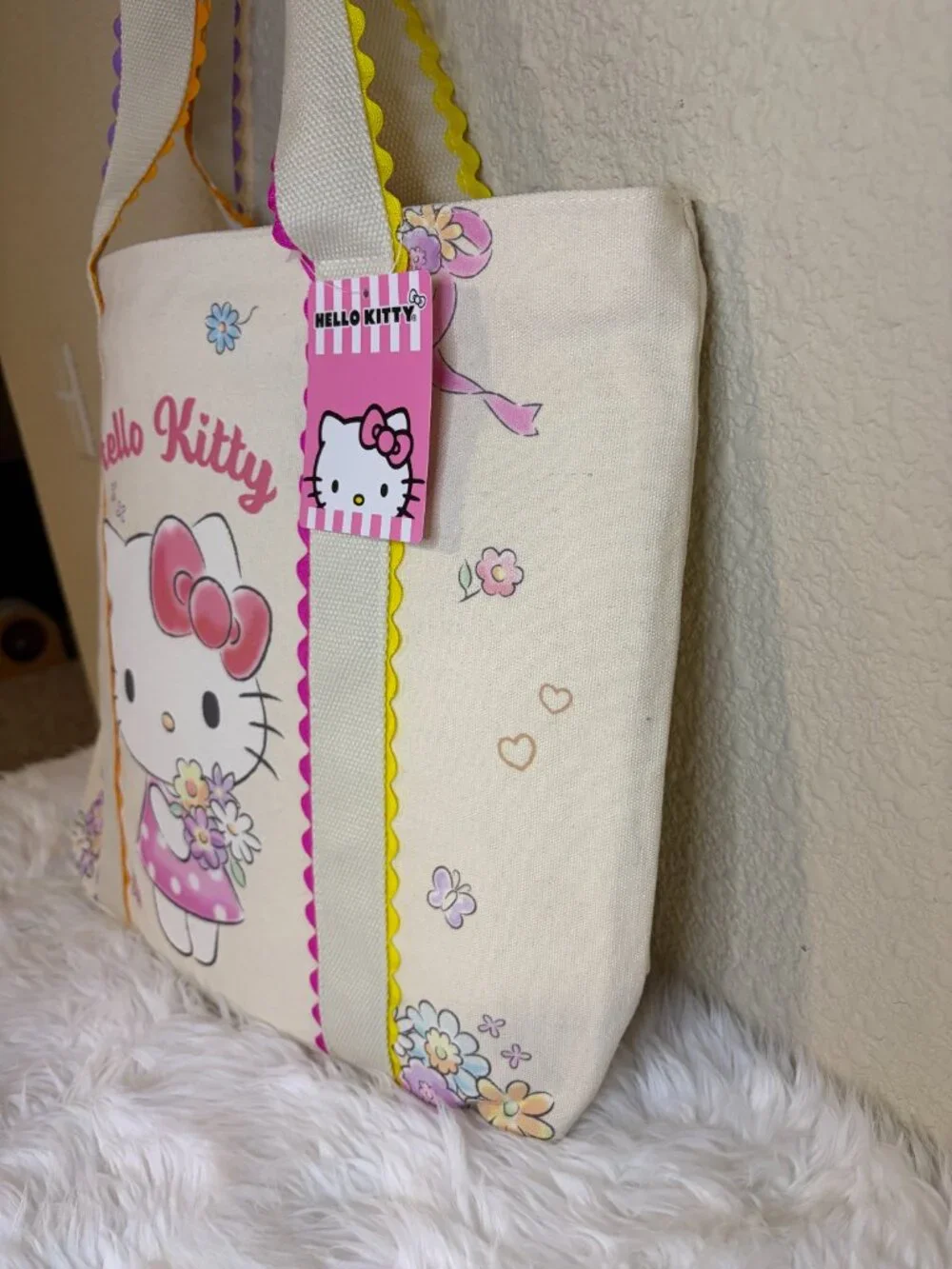 VIRAL Hello Kitty Canvas Tote Bag Floral Bow Pink Sanrio Shopper Bag NWT